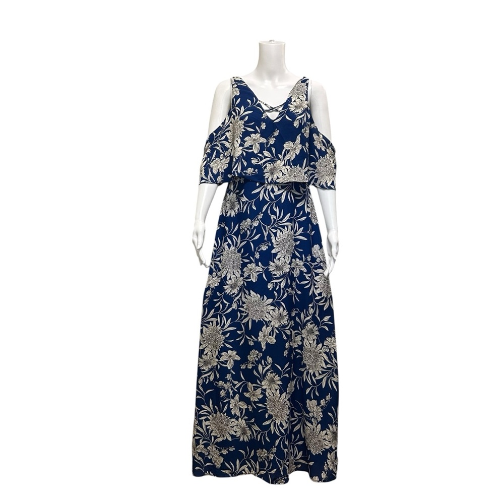 DEX Cold Shoulder Maxi Dress Blue Dahlia Floral Tiered Ruffle V-Neck Size M